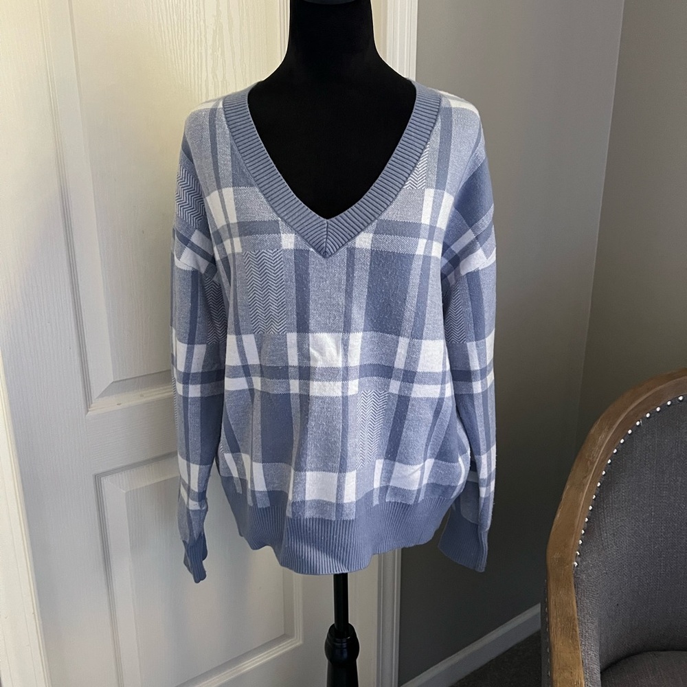 Christian Siriano V-Neck Sweater in Soft Blue and White Check